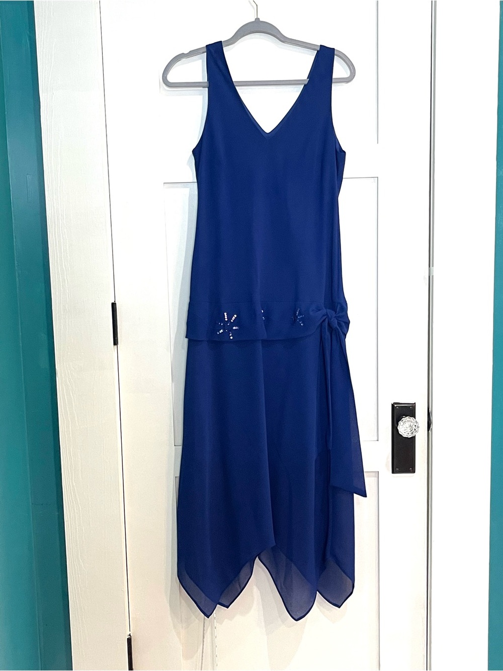 karin stevens cobalt blue V-neck sleeveless high-low dress
